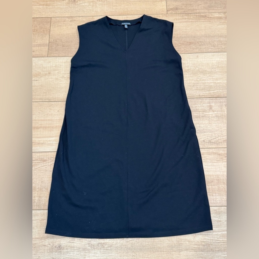 Eileen Fisher Black Flex Tencel Ponte V-Neck Dress Sleeveless Size M Minimalist